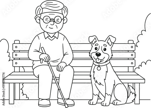 A friendly elderly man with glasses and a cane sits on a park bench with his loyal dog, a heartwarming scene for educational or advertising use.