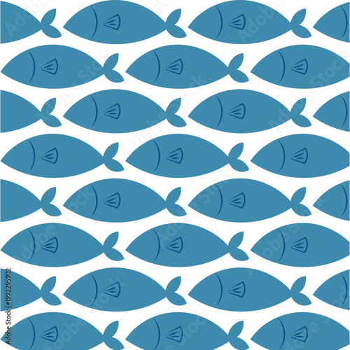 Blue fish seamless pattern. Vector nautical background with repeating sea fish silhouettes on white, marine wallpaper for seafood packaging, textile and navy style design.
