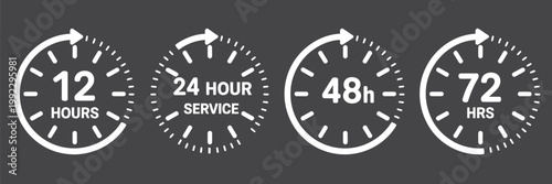 Clock and stopwatch icon collection in black and white featuring 7, 12, 24, 48, and 72 hour delivery times, alarm and watch graphics, fast shipping labels and badges, modern vector illustration pack.