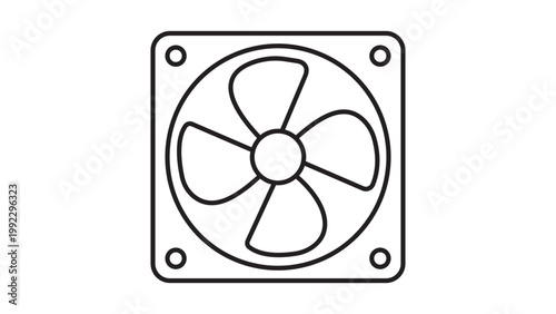 Minimalist Computer Cooling Fan Vector Icon with Editable Stroke. Clean black line illustration of a square CPU cooler or case fan on white background. Scalable graphic for tech and hardware design.