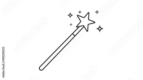 Magic Wand with Star and Sparkles, Minimalist Black Line Vector Icon Illustration on White Background, Featuring Editable Stroke for Customizable Line Weight, Perfect for Fantasy and Magic Themes.