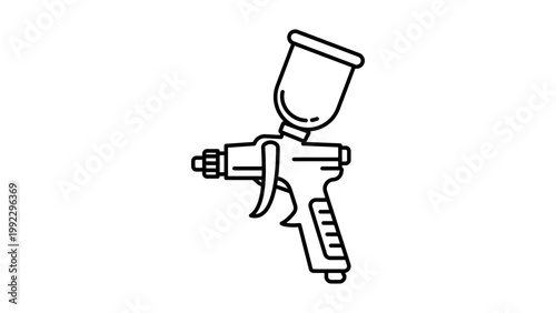 Paint Spray Gun Vector Icon Illustration, Minimalist Black Line Art on White Background, Professional Automotive Painting Tool with Pistol Grip and Editable Stroke for Graphic Design Projects.