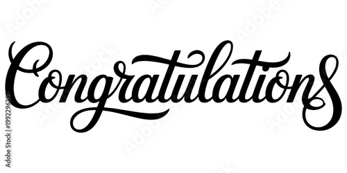 Elegant black ink calligraphy text spelling out the word congratulations in a beautiful cursive font on a clean white background Vector, illustration