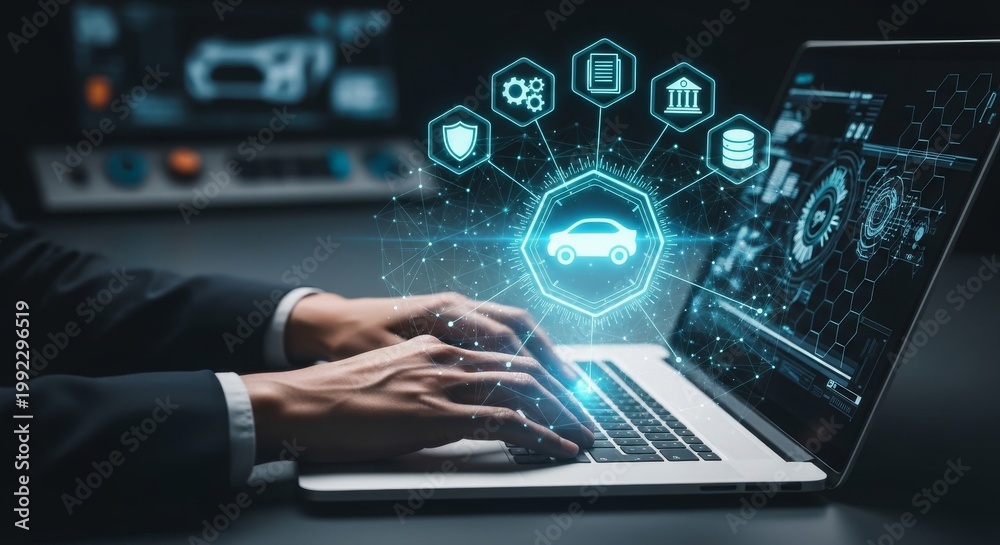 Fototapeta premium Business professional analyzing AI technology and data analytics on laptop with digital overlay