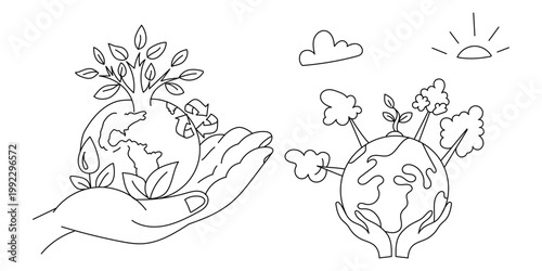 eco earth care line art illustration, sustainability planet hand holding nature concept, environment protection recycle earth doodle
