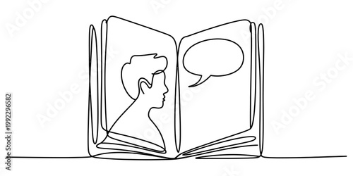 A single continuous line drawing of a person printed inside an open book page with an empty speech bubble for communication. Vector, illustration