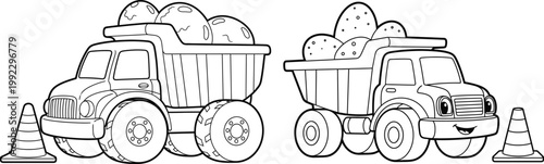 Charming hand-drawn illustration of two friendly dump trucks transporting fluffy cotton bales near orange traffic cones. Ideal for children's books, educational materials, construction themes, 