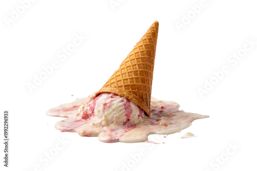 Konstfotografi Melting strawberry ice cream with a fallen waffle cone on a clean background, sy