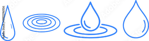 A minimalist blue vector graphic of water droplets and ripples on transparent background