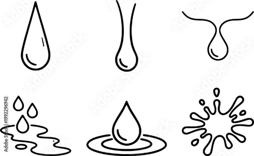 A minimalist line art illustration of various water droplets and splashes on transparent background