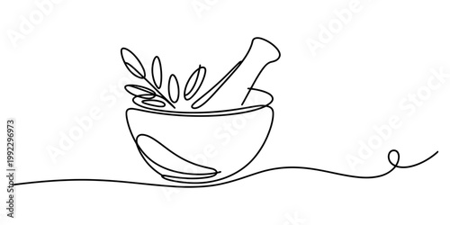 A beautiful continuous line drawing of a mortar and pestle with fresh herbal leaves prepared for natural medicine treatment. Vector, illustration