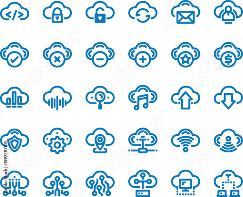 Collection of blue cloud computing icons representing data storage security and network services perfect for web and app design