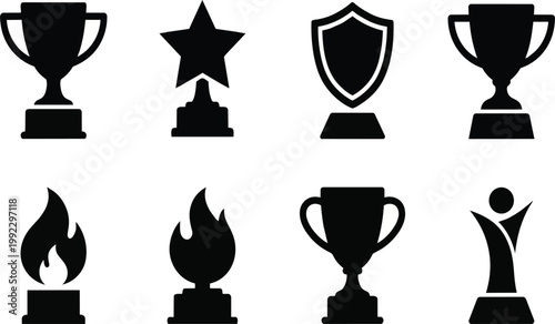 Professional vector illustration set featuring various flat black trophy cup and award icons designed for corporate business recognition projects that require elegant symbols of high achievement succe