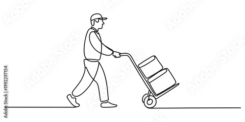 A continuous line drawing of a delivery person wearing a cap pushing a hand truck loaded with boxes across a flat white area. Vector, illustration