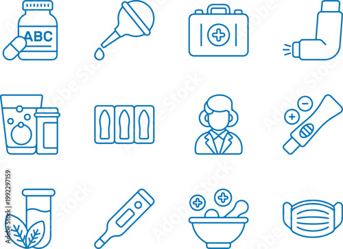 Collection of medical and healthcare icons representing pharmacy treatment and diagnosis perfect for web and app design