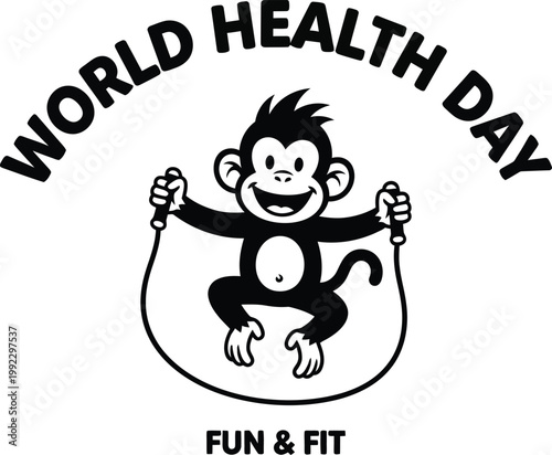 World Health Day illustration with monkey jumping rope A cheerful monkey jumping rope on a World Health Day logo, promoting fitness and fun, ideal for health campaigns and wellness advertising.