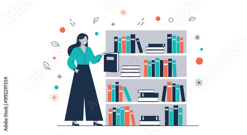 woman, bookshelf, colorful, flat design, educational, learning, library