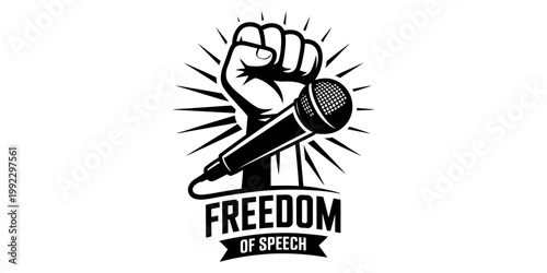 A powerful black and white graphic illustration depicting a raised fist holding a microphone representing freedom of speech rights. Vector, illustration
