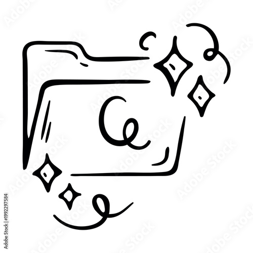Smart folder icon for AI data organization and cloud storage management. Hand drawn doodle illustration of a file directory with magic shine stars.