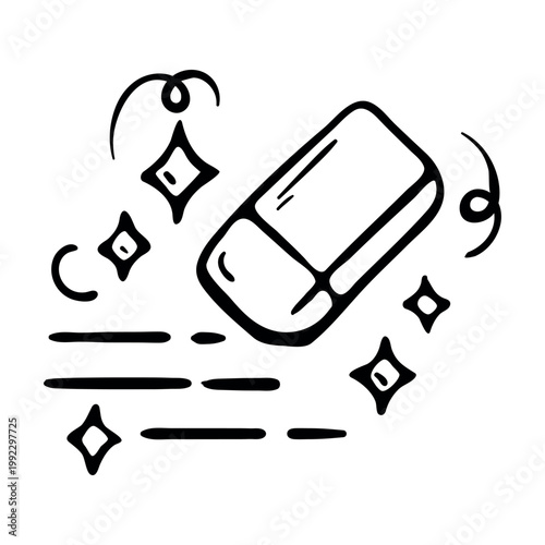 AI smart eraser icon for auto correction and image background removal. Hand drawn doodle illustration of a magic rubber cleaning content with sparkles
