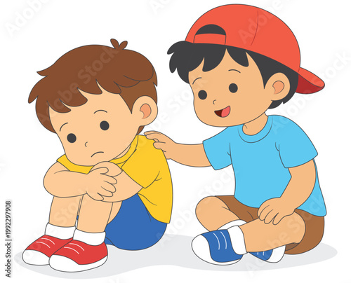 Kids comforting sad friend, empathy and friendship concept