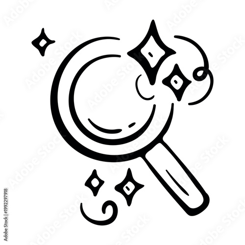 Smart search icon for AI data analysis and intelligent information discovery. Hand drawn doodle illustration of a magnifying glass with magic stars.
