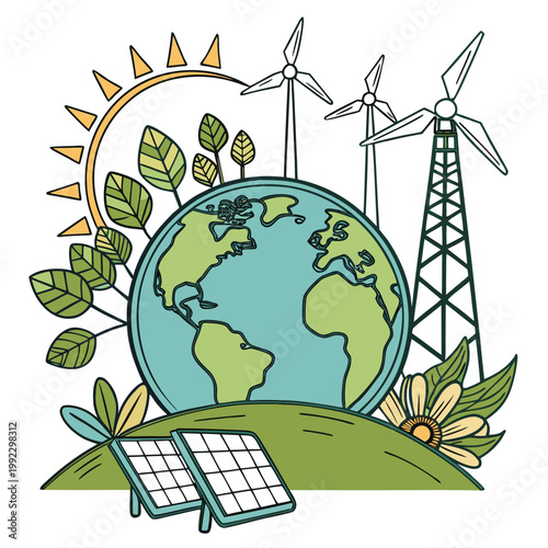A colorful vector illustration of the Earth surrounded by renewable energy sources and nature