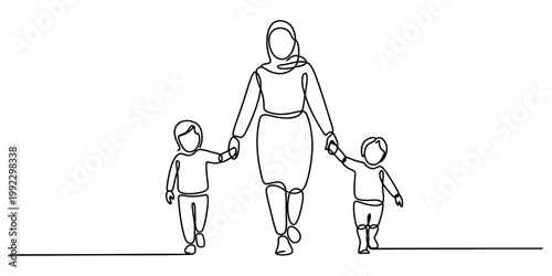 A single continuous line drawing of a mother wearing a hijab while walking hand in hand with her two small young children now. Vector, illustration