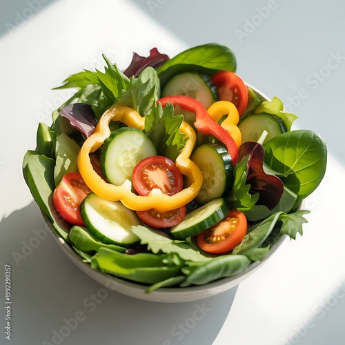 Fresh garden salad bowl with mixed greens sliced cucumber cherry tomatoes and bell peppers in natural light bell pepper vegetable cucumber vegetarian nutrition clean eating lifestyle homemade