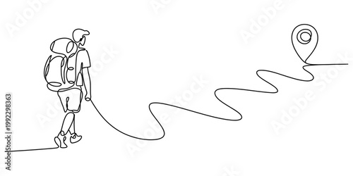 A single continuous line drawing of a backpacker trekking towards a location pin marker on a long winding path in the wild. Vector, illustration