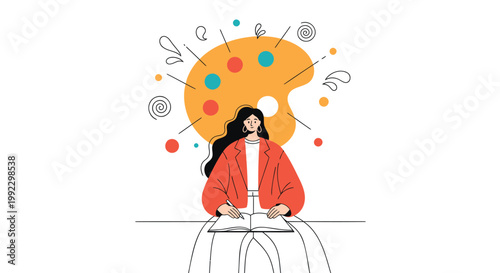 Creative woman, brainstorming icons, colorful abstract background, vector illustration, business concept