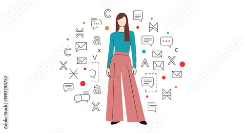 Cartoon woman, colorful icons, communication symbols, vector illustration