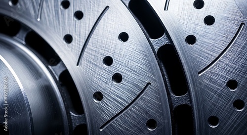 Macro detail of drilled and slotted performance brake rotors with brake rotor