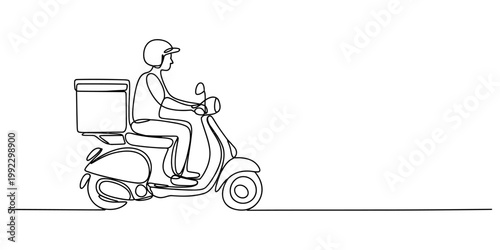 A single continuous line drawing of a courier wearing a helmet and riding a scooter to deliver a package to a customer now. Vector, illustration
