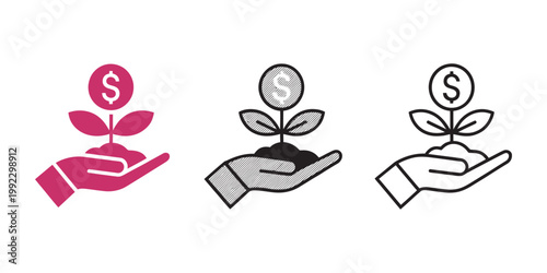 Money growth concept vector illustration, hand holding plant with coin flower, financial investment business success symbol, modern clean minimal design