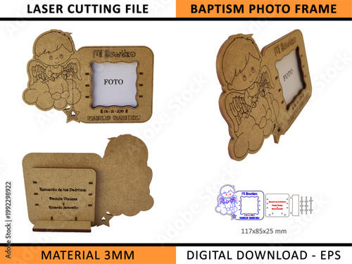 Elegant personalized baby baptism photo frame, Laser Cut Template. Perfect christening gift, first communion or newborn keepsake Boy or Girl. Ideal for religious celebration décor and baby memory disp