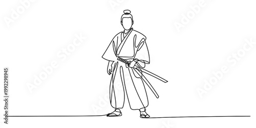 Minimalist continuous line drawing of a traditional japanese samurai warrior standing ready with his sharp katana sword blade. Vector, illustration