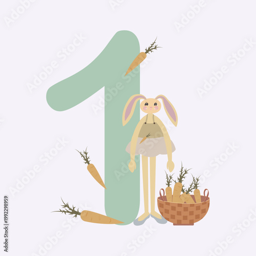 Cute First Birthday Vector: Number One with Bunny and Carrots. perfect for children’s showrooms, event planners, boutique stationers. Pastel palette and friendly character design evoke warmth and joy