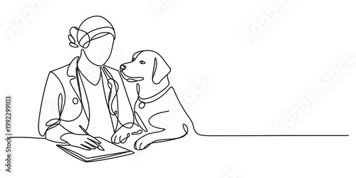 Continuous line drawing of a veterinarian writing on a clipboard while a cute dog sits patiently by her side at the office. Vector, illustration