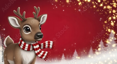 Baby reindeer with scarf in winter scene