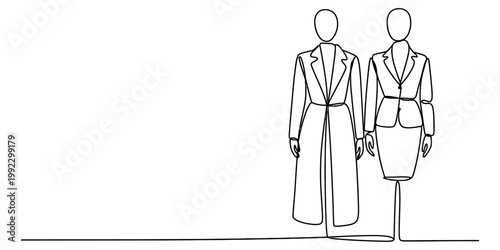 A minimalist continuous line drawing depicting two female mannequins dressed in elegant business suits for a fashion display. Vector, illustration