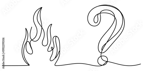 A creative and minimalist continuous single line drawing of a burning fire flame next to a large clear question mark symbol. Vector, illustration