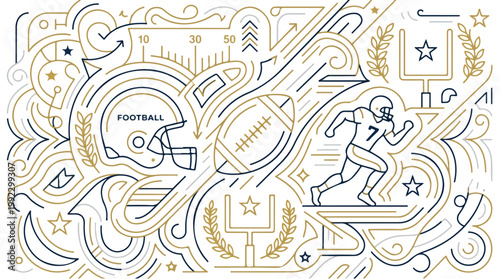 Dynamic American football player running with ball in gold line art with helmets, trophies, goalposts and swirling