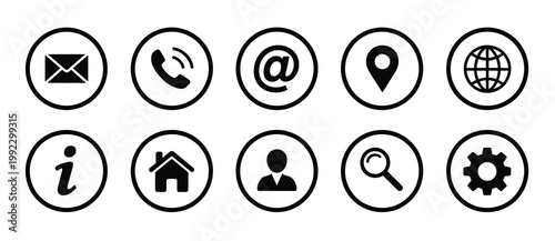Web contact symbols icon set featuring email, phone, chat, and location icons, modern minimalist line art for website communication tools, customer support systems