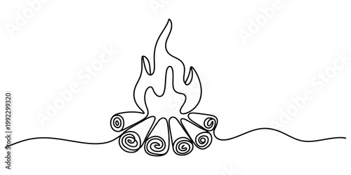 A single continuous line drawing of a campfire featuring burning wooden logs and flickering flames on a clean white background. Vector, illustration
