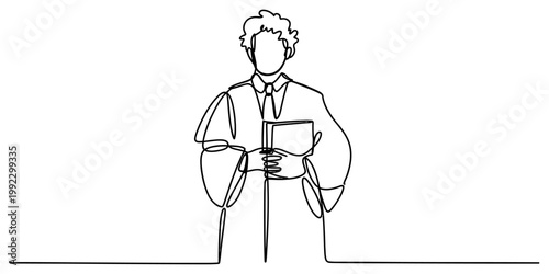 A single continuous line drawing of a person dressed in a traditional legal robe holding a book in their hands for justice. Vector, illustration