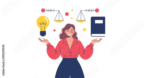 Businesswoman, balance, scales, lightbulb, tablet, vector illustration