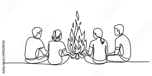 A single line drawing illustration showing a group of four friends sitting around a campfire on the ground in a cozy setting. Vector, illustration