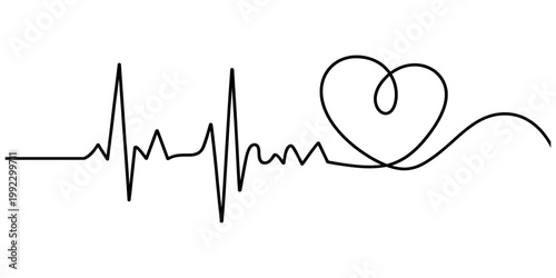 A single continuous black line drawing of a human heartbeat rhythm that transitions into a heart shape on a plain white background. Vector, illustration