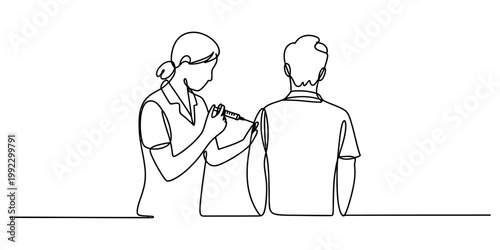 Continuous line drawing of a professional nurse administering a medical vaccine injection into the arm of a patient in clinic. Vector, illustration